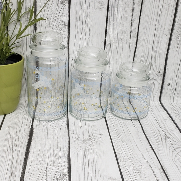 Vtg Country Geese Blue Ribbon Bow Glass Jar Canister w/Lid Set of 3 - Picture 3 of 9